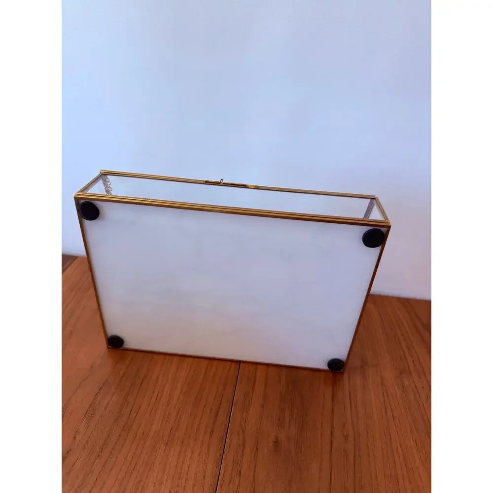 Glass Gold Display Box Lidded Faux Marble Chain Latch Trinket Jewelry 12 x 8